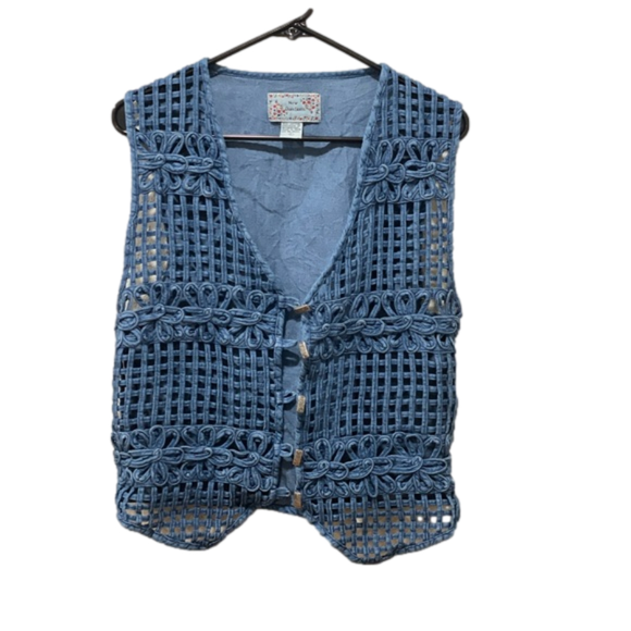Vintage Denim Flower Vest See Thru With Tie on Back Size Large - Picture 5 of 8
